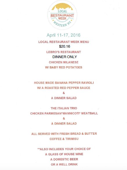Lebrosbuffalo's tweet photo. Stop in for #WNYrestaurantweek at Lebro’s, and stay for live music by #SpeedyParker starting at 8:30! https://t.co/pOOpTDtwHp