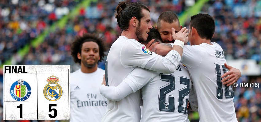 realmadriden's tweet photo. What an afternoon!

⚽ @Benzema 29'
⚽ @isco_alarcon 40'
⚽ @GarethBale11 50'
⚽ @jamesdrodriguez 88'
⚽ @Cristiano 90+2' https://t.co/lEG9n6iauT