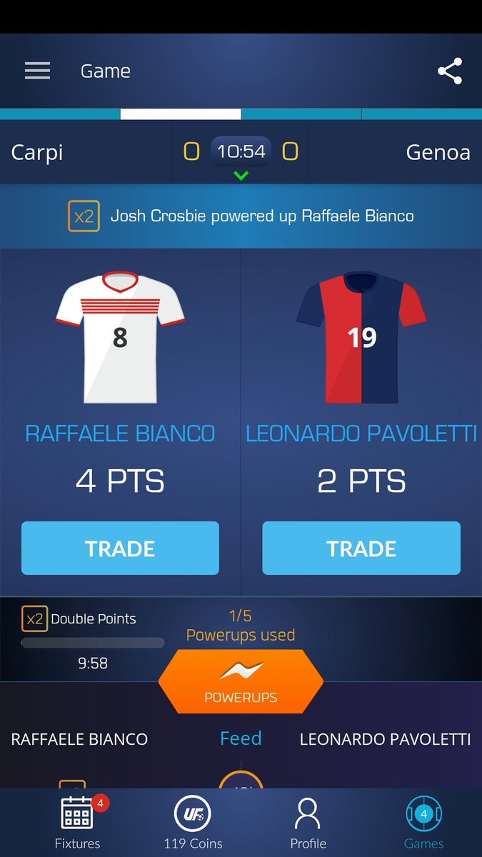 CrosbieJosh's tweet photo. Just used my Double Up on Raffaele Bianco on @ultimatefanlive for #Carpi vs #Genoa https://t.co/aryep31rIo