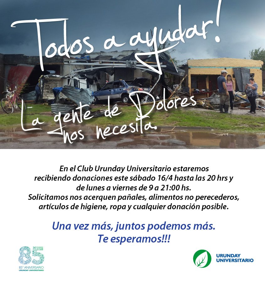 ClubUrunday's tweet photo. Todos a ayudar!!
La gente de Dolores nos necesita.
Los esperamos!! https://t.co/YUajtmJQ3l