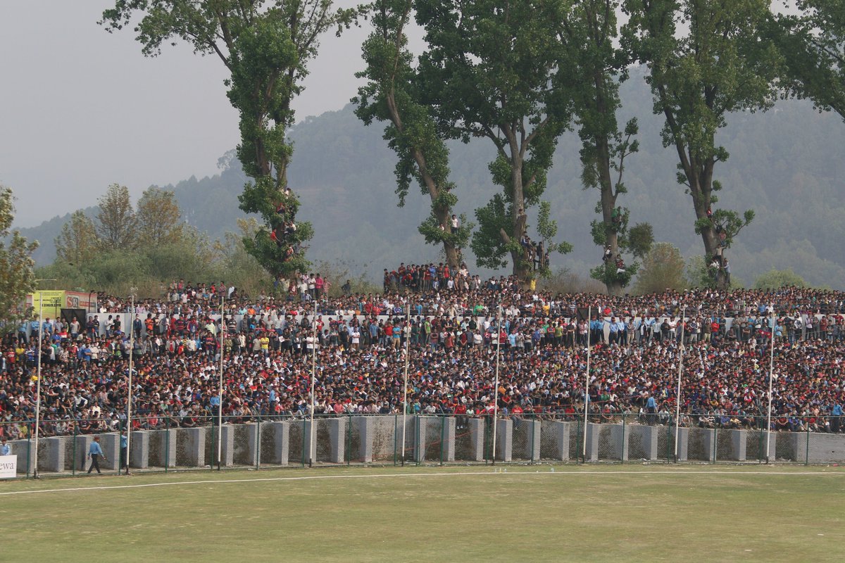 ICC's tweet photo. Twitter: A huge crowd witnessed Nepal's historic victory over Namibia in the #WCL. REPORT: https://t.co/16rVdM6v9t https://t.co/EVJDF9sTS0