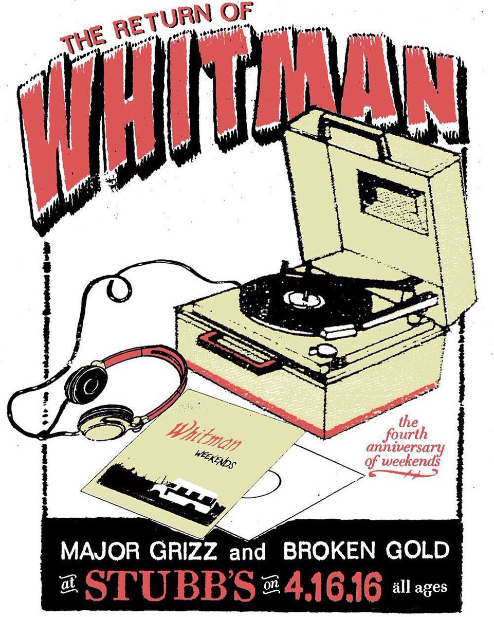 whitmanband's tweet photo. First and last Whitman reunion show tonight w/ @MajorGrizzBand and @brokengoldatx!  See you soon @StubbsAustin https://t.co/O9XUzy8ezJ