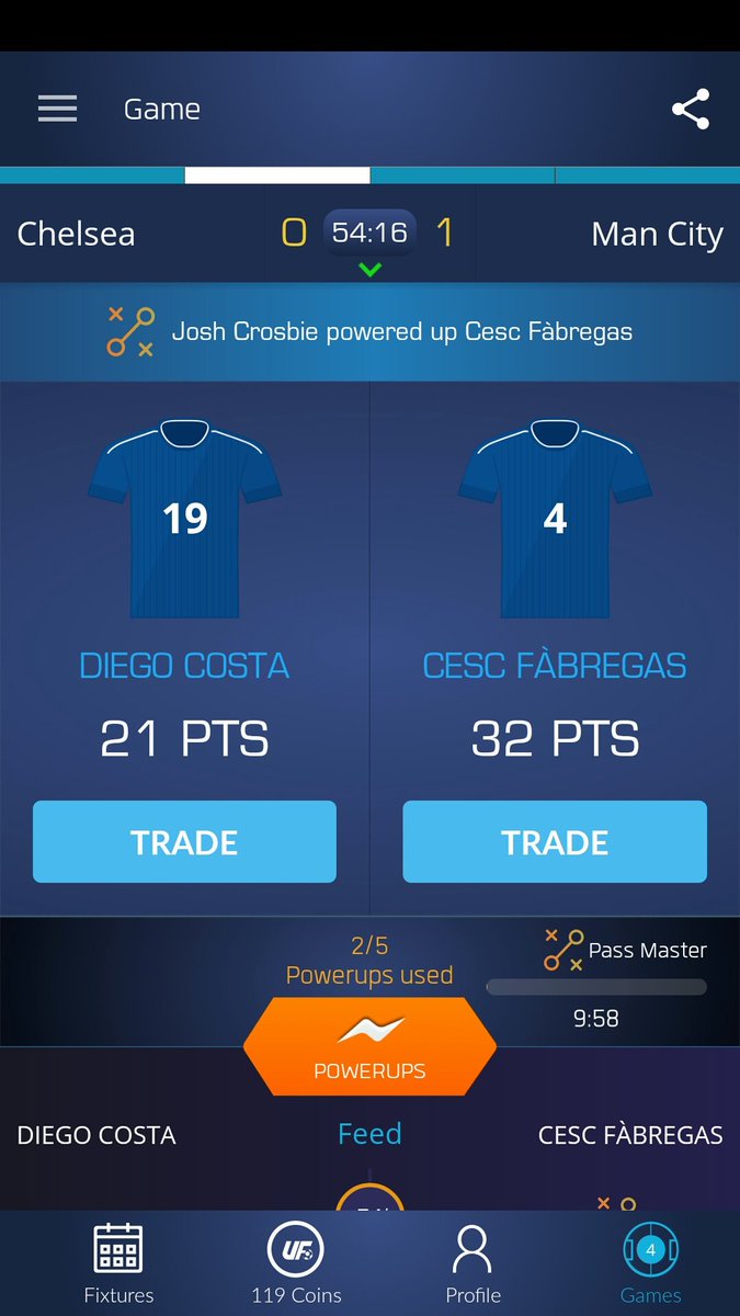 CrosbieJosh's tweet photo. Just used my Pass Master on Cesc Fàbregas on @ultimatefanlive for #cfc vs #mcfc https://t.co/8myruhoaY3