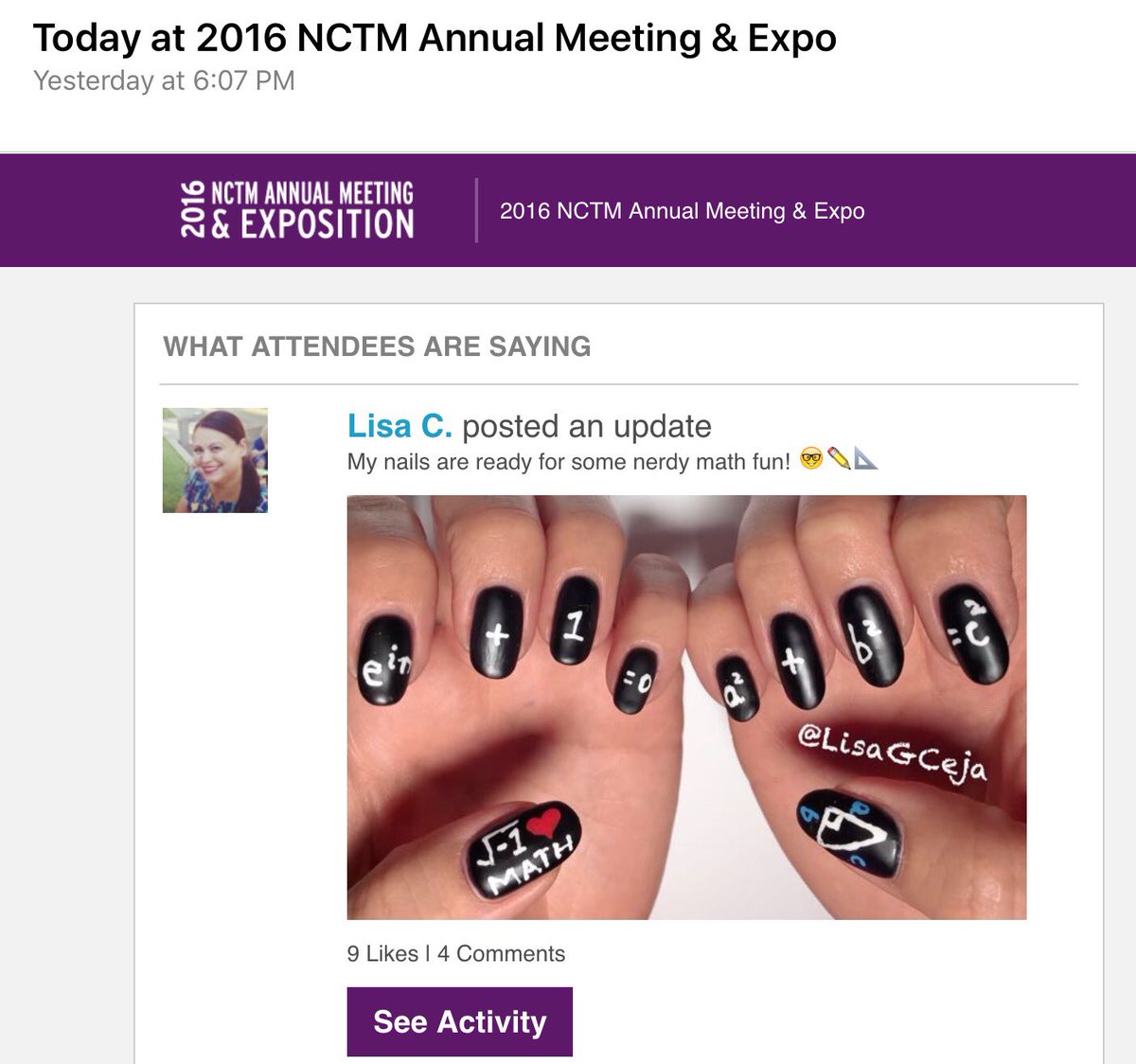 LisaGCeja's tweet photo. Thank you @NCTM for featuring my #MathNails in your email. Nice surprise! π #NCTMannual #NCTMrocks #nailart https://t.co/fYIHgJHR8v