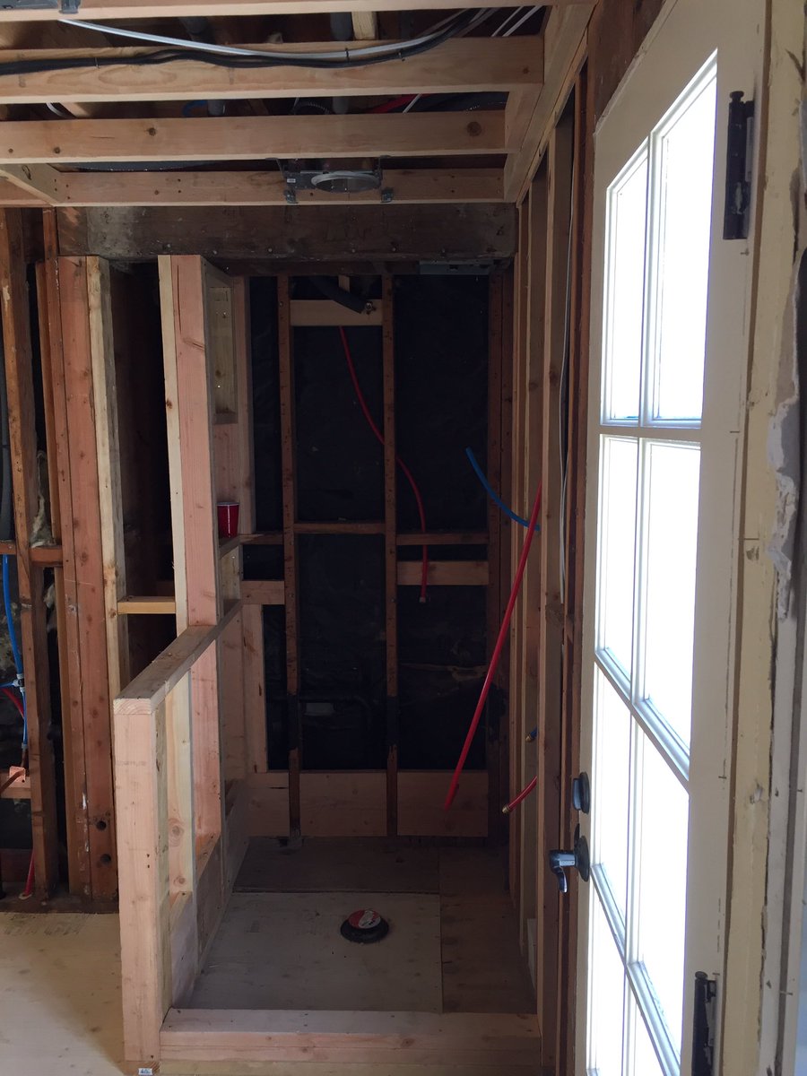 DesignByMMD's tweet photo. Turning the corner on #Project5ohhh9, the 2 master baths are framed, plumbed, and ready for the new tub!! https://t.co/1ner7gBXeq