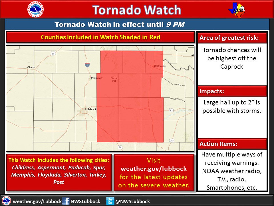 NWSLubbock's tweet image. Tornado watch issued for portions of South Plains,southeastern Texas Panhandle &amp;amp; Rolling Plains until 9PM CDT #lubwx
