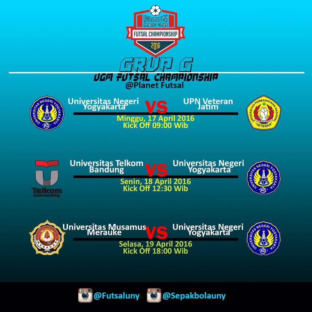 Nih gaes jadwal pertandingan FUTSAL UNY PUTRA di UGM Futsal Championship 2016. Mohon dukungan dan doanya.