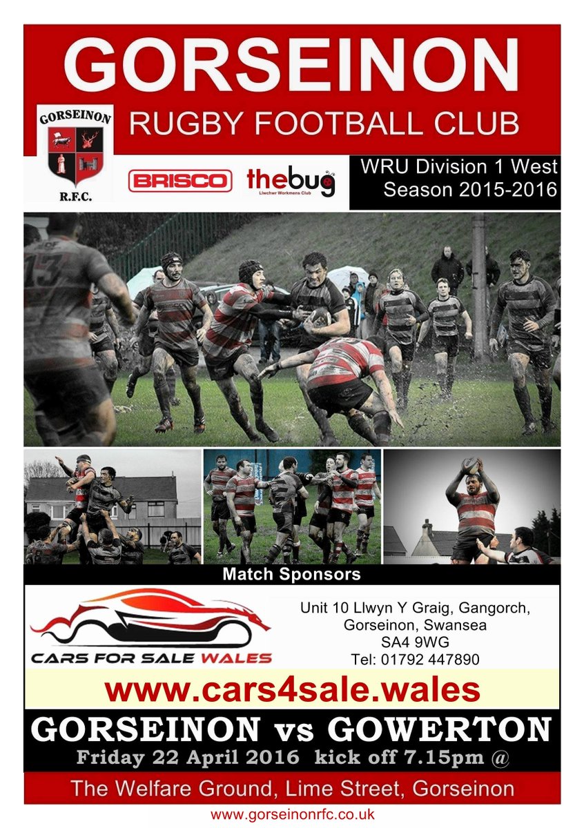 GorseinonRFC's tweet photo. Next fixture 
@GorseinonRFC v @gowertonrfc Friday 22 April k/o 7.15pm 
Match Sponsored by https://t.co/bQLme7AKQX https://t.co/eovVEx83JW