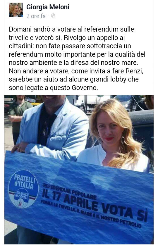Giorgia Meloni on Twitter: "Domani andrò a votare SI al #referendum sulle # trivelle. Non andare a votare sarebbe aiuto ad alcune grandi lobby ST  https://t.co/kWvrK9qfIp" / Twitter