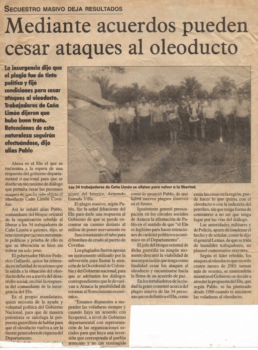 herbinhoyos's tweet photo. Fueron 34 obreros los que secuestró @ELN_Paz hoy 15 años y desató la oleada terrorista y criminal que aún no paran. https://t.co/nCs5uq1xbv