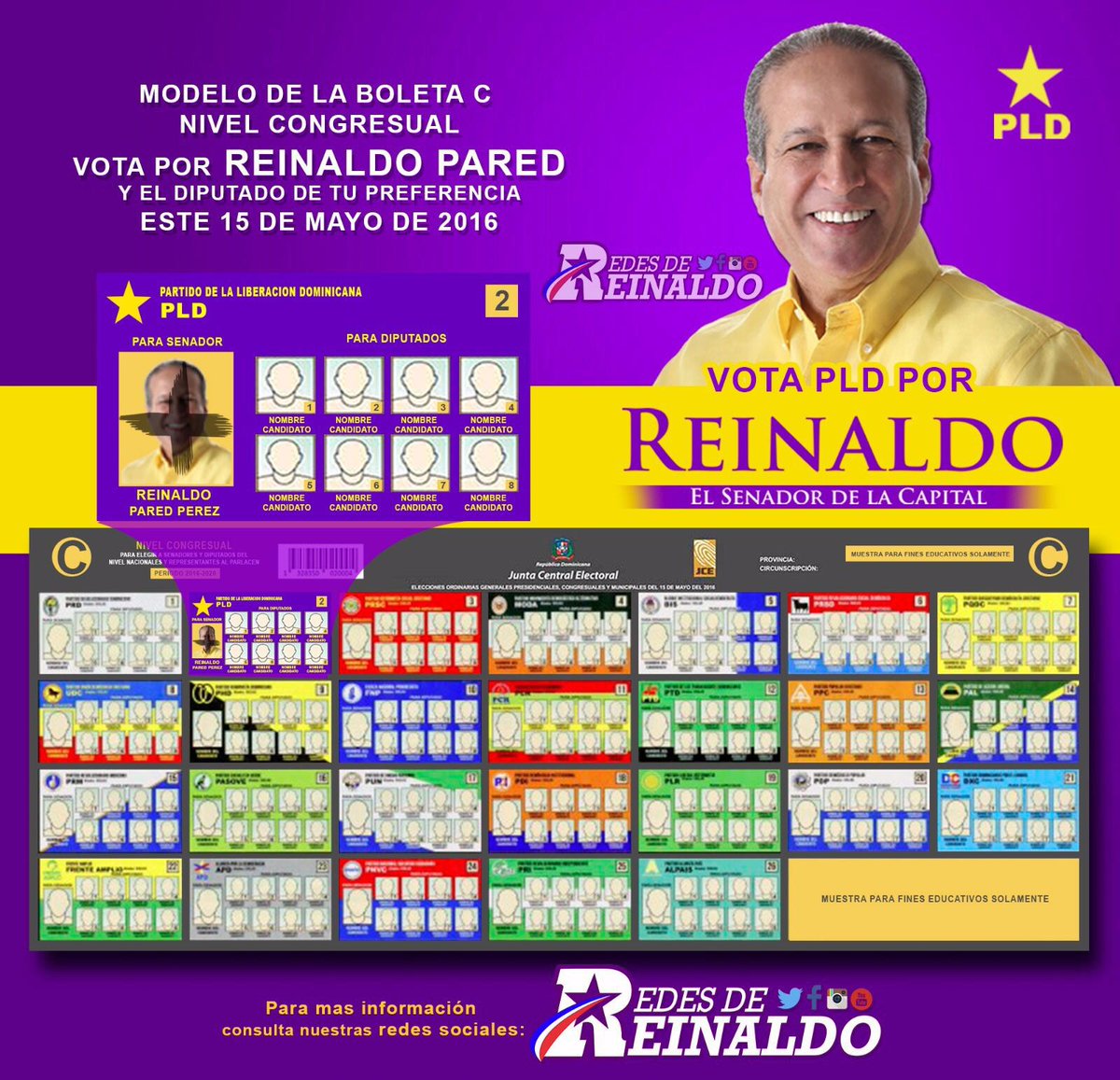 FilesAReinaldo's tweet photo. 📣 Votar el #15deMayo es facil!!
En la boleta C casilla 2 marcarás la cara de @ReinaldoPared con un ✅. #ReinaldoSigue https://t.co/YmAAfzPZs5