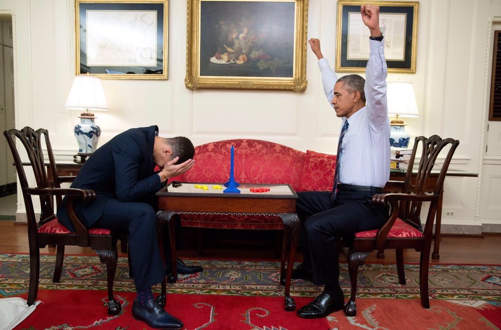 hayesdavis's tweet photo. This is by far my favorite photo of an NBA MVP losing to a sitting President at Connect 4. https://t.co/pS9uxGZQQS