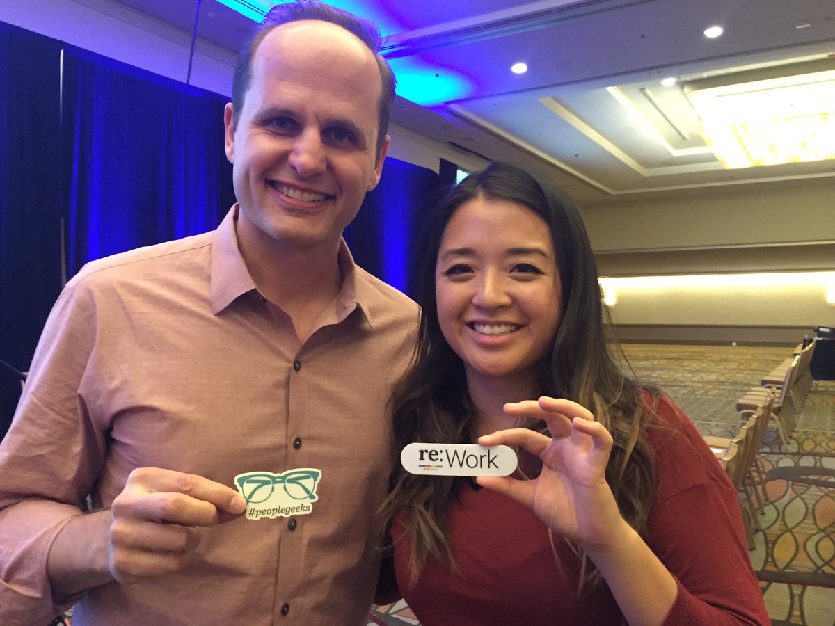 CultureAmp's tweet photo. Maria from our Customer Success team trading stickers with @LaszloBock2718 at #SIOP16. He's definitely a #peoplegeek https://t.co/qLvWJks7dt