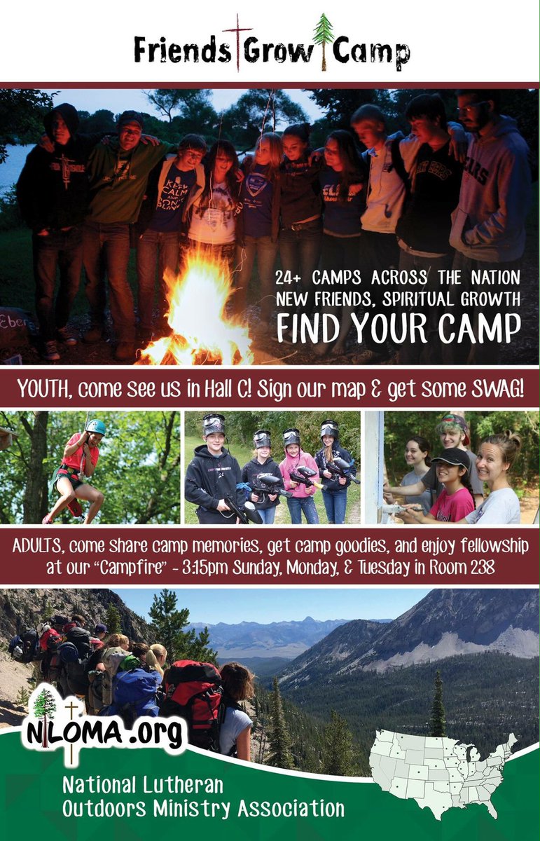 nlomacamps's tweet photo. Visit NLOMA @LCMSNYG in Hall C, Adult Retreats, and Camp Reunions! #everybodylovesSWAG #nyg2016 #friendsgrowcamp https://t.co/U5TcaE3XQs