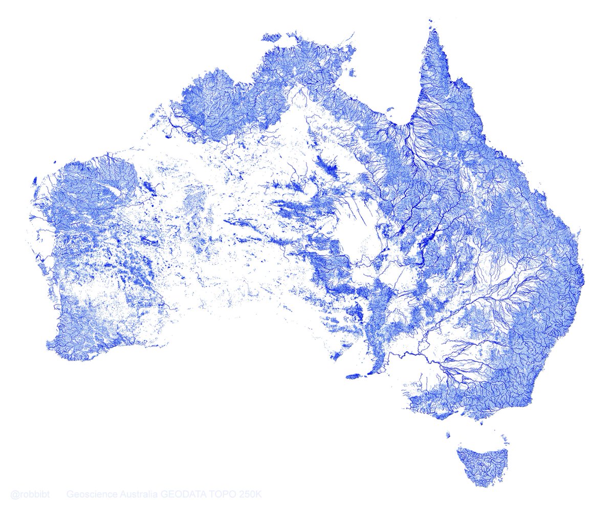 SatelliteSci's tweet image. #Australia plotted by every mapped stream and river... all 1.3 million of them! github.com/robbibt/austra…
