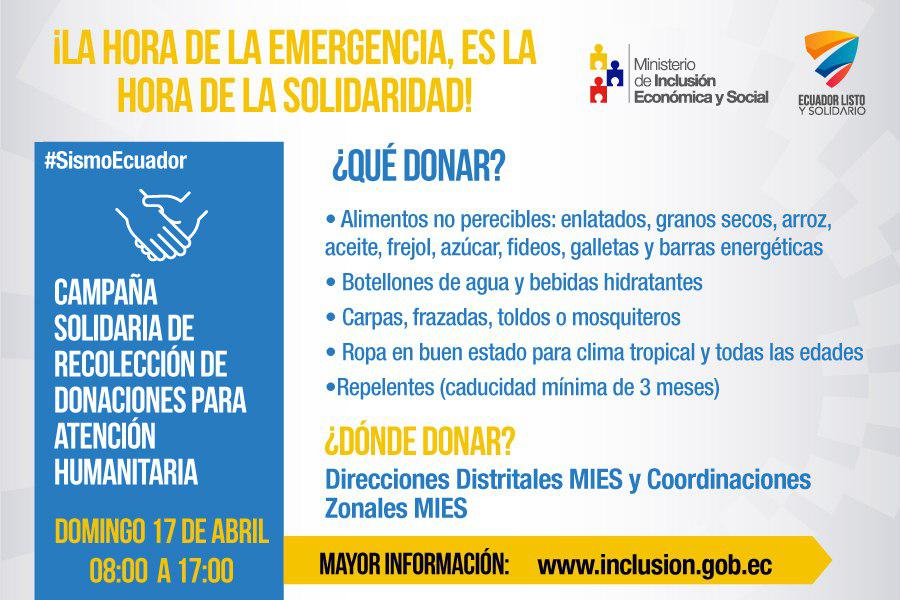 DHumanoEc's tweet photo. #SismoEcuador #EcuadorListoYSolidario Conoce qué donar. Recolección de donaciones para atención humanitaria https://t.co/O93eoYb7Tt