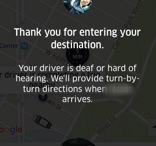 MarleeMatlin's tweet photo. You know how there has been the hashtag #deaftalent? I got this from a friend. I support #deafuber! Thanks @Uber! https://t.co/lEhDt4vvVN