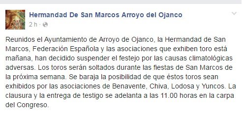 100x100Toros's tweet photo. La Hermandad de San Marcos, publicaba el siguente comunicado hace unas horas. #Congreso #ArroyoDelOjanco https://t.co/c0tDoVkP2Y