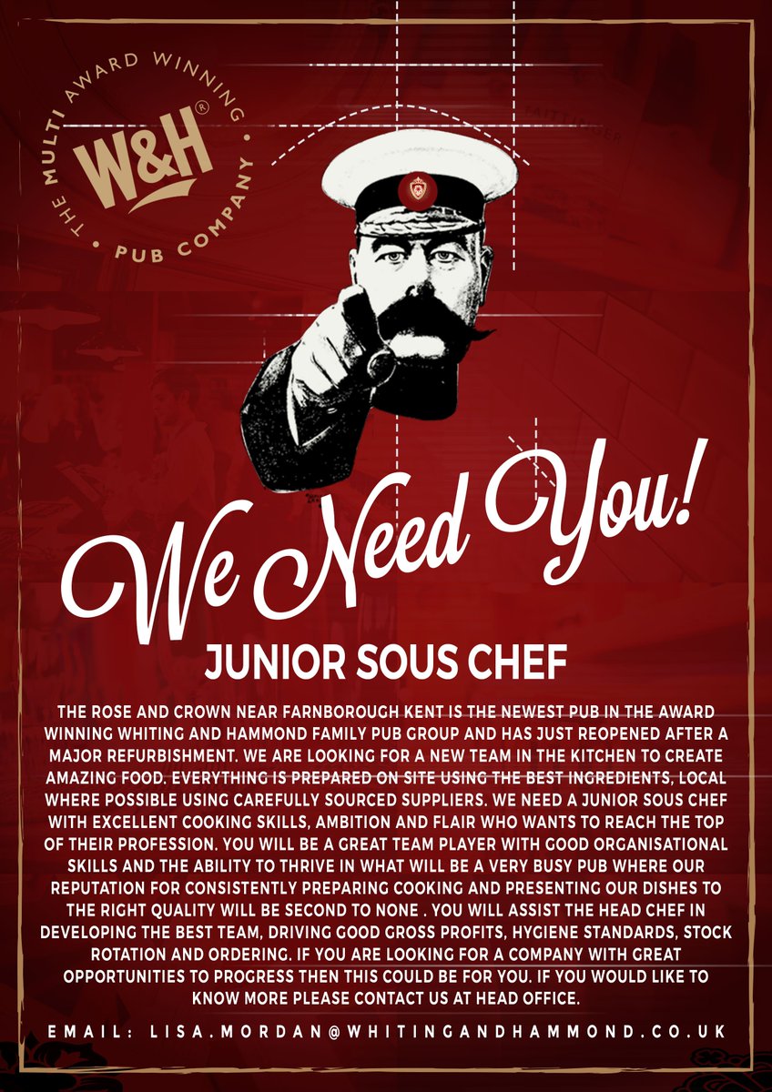 #Weneedyou We need a Junior Sous Chef to work and the <a href="/TheRoseCrown_/">@TheRoseCrown_</a> email lisa.mordan@whitingandhammond.co.uk #rt