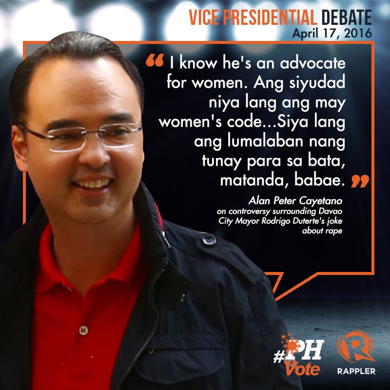 phvote's tweet image. Vice presidential candidate @alanpcayetano on Mayor Rodrigo Duterte's viral rape joke: s.rplr.co/E4xBSeN
