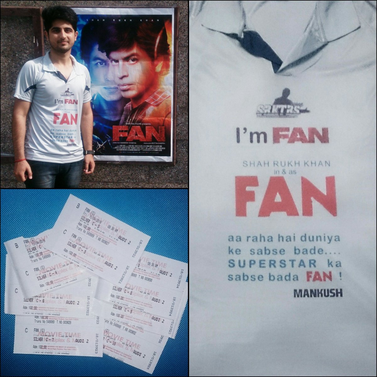 xbackpackerx's tweet photo. Its hard to get your reply @iamsrk #FirstDayFANShow Admin of @srkuniversejmu 😘 https://t.co/ZB6SRgjy78