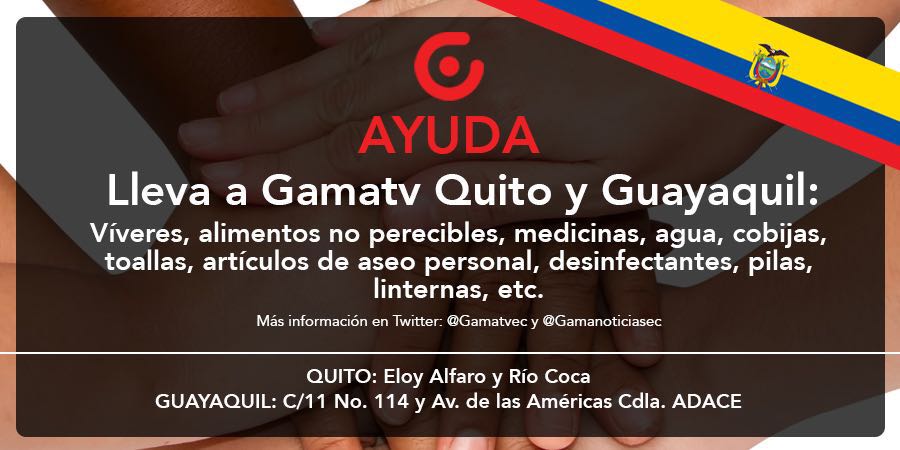 pedritoortizjr's tweet photo. Instalaciones de @Gamatvec en Uio y Gyen invitan a ser solidarios #SismoEcuador #TerremotoEcuador https://t.co/Z7KxadCppJ