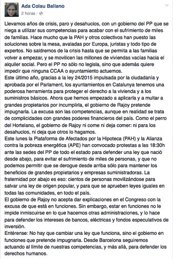 AdaColau's tweet image. No hay q cambiar una ley que funciona sino al gobierno en funciones q quiere impugnarla. Defendamos la ley 24/2015