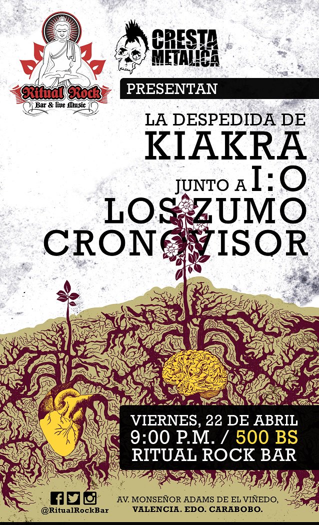 #Rock Viernes #22Abr La Despedida de <a href="/kiakra/">kiakra</a> junto a <a href="/Mientras_IO/">I:O</a> + <a href="/Cronovisor/">Cronovisor</a> + <a href="/LosZUMO/">Los ZUMO</a> Cover Bs.500