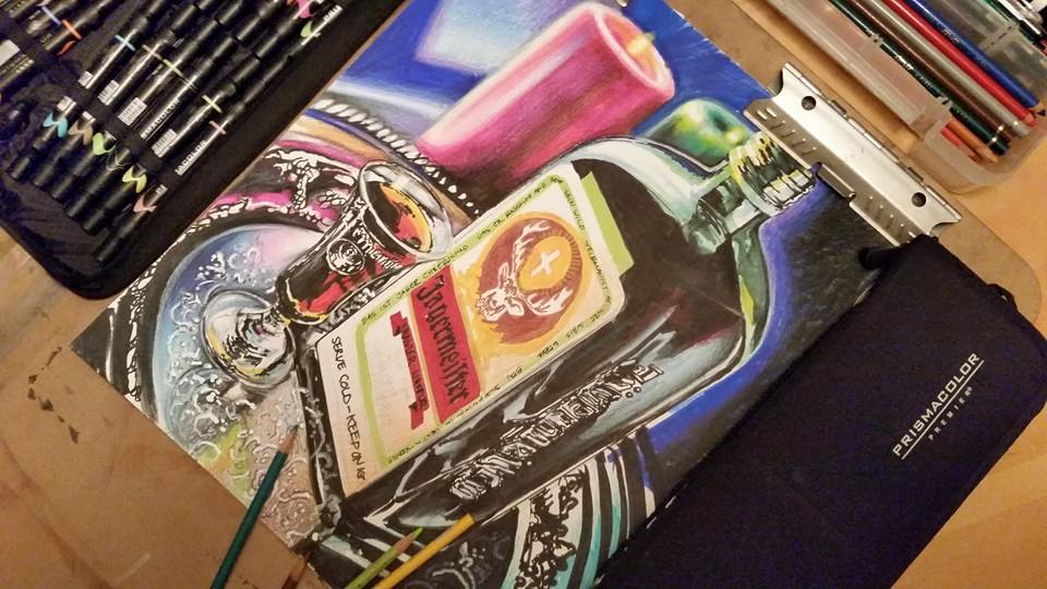 robertosartwork's tweet photo. @PrismacolorUS drawing of @JagermeisterUSA still life. #colorpencil #drawing #prismacolor #jagermeister https://t.co/6EGxvPJmQX
