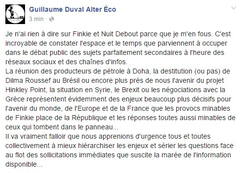 gduval_perso's tweet photo. Je n'ai rien à dire sur #Finkie et #NuitDebout parce que je m'en fous.. https://t.co/ZxsySB5xDm