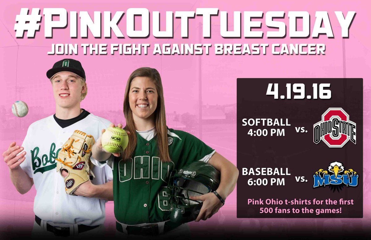 OhioBobcats's tweet photo. Two big games for #PinkOutTuesday. It all starts with @OhioBobcatSB vs. Ohio State at 4pm! https://t.co/bGFcwQkdMw