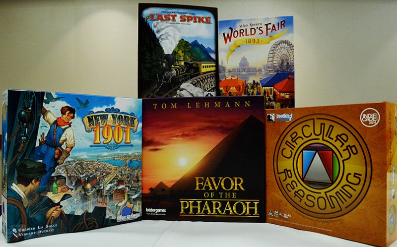 BoardGameGeek's tweet photo. 2016 Mensa Select: Favor of the Pharaoh, New York 1901, Circular Reasoning, World’s Fair 1893, The Last Spike —WEM https://t.co/RmYCX6rzK2