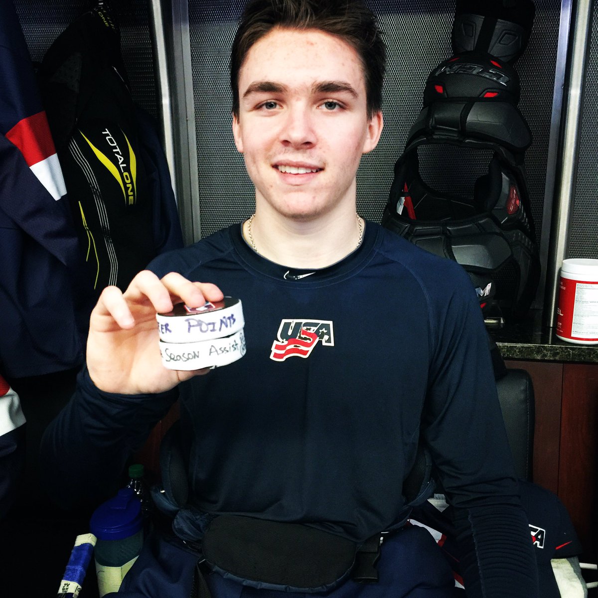 USAHockeyNTDP's tweet photo. With three points today (1-2), Clayton Keller is now the #NTDP all-time pts and single-season assists leader. 🇺🇸 https://t.co/0nAFynki9N
