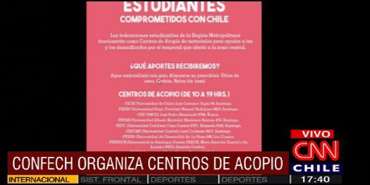 CNNChile's tweet photo. . @Confech organiza centros de acopio para ayudar a los damnificados #TemporalCNN https://t.co/dw2trTLDZe