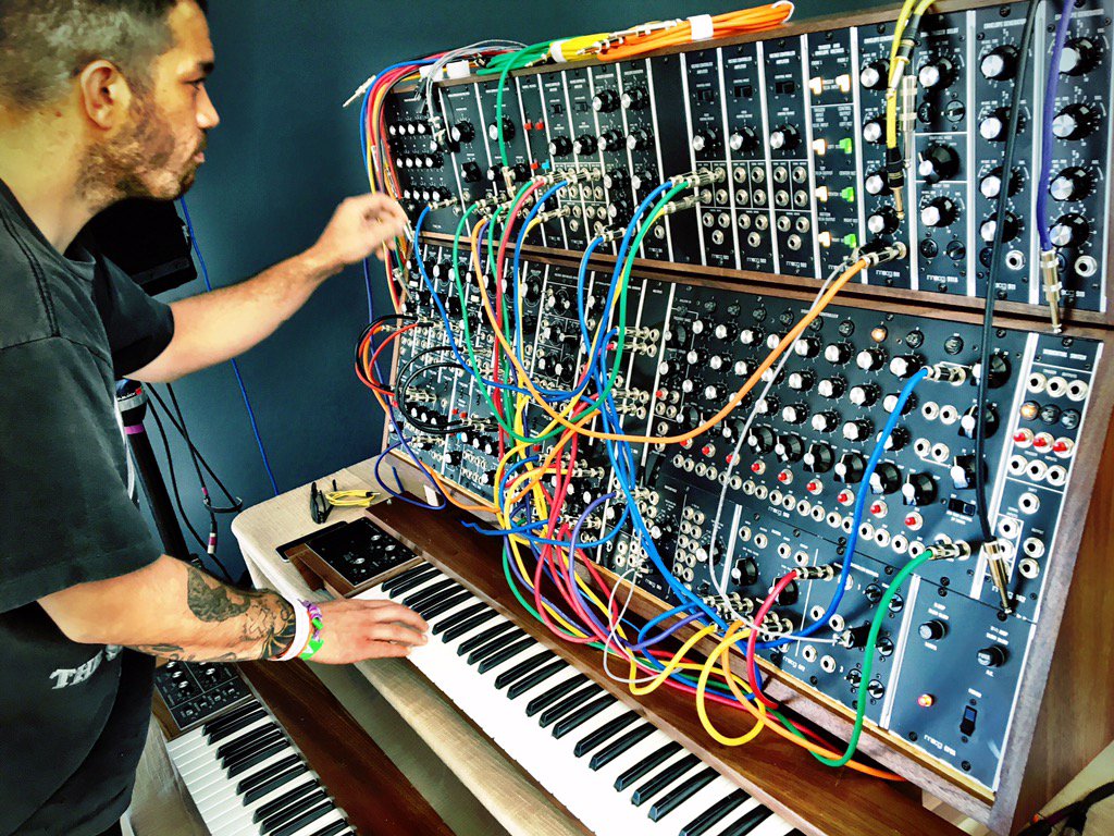 moogmusicinc's tweet image. Stephen of @Defheaven taking advantage of office hours with the #MoogModular #System55 at @AceHotel #PalmSprings