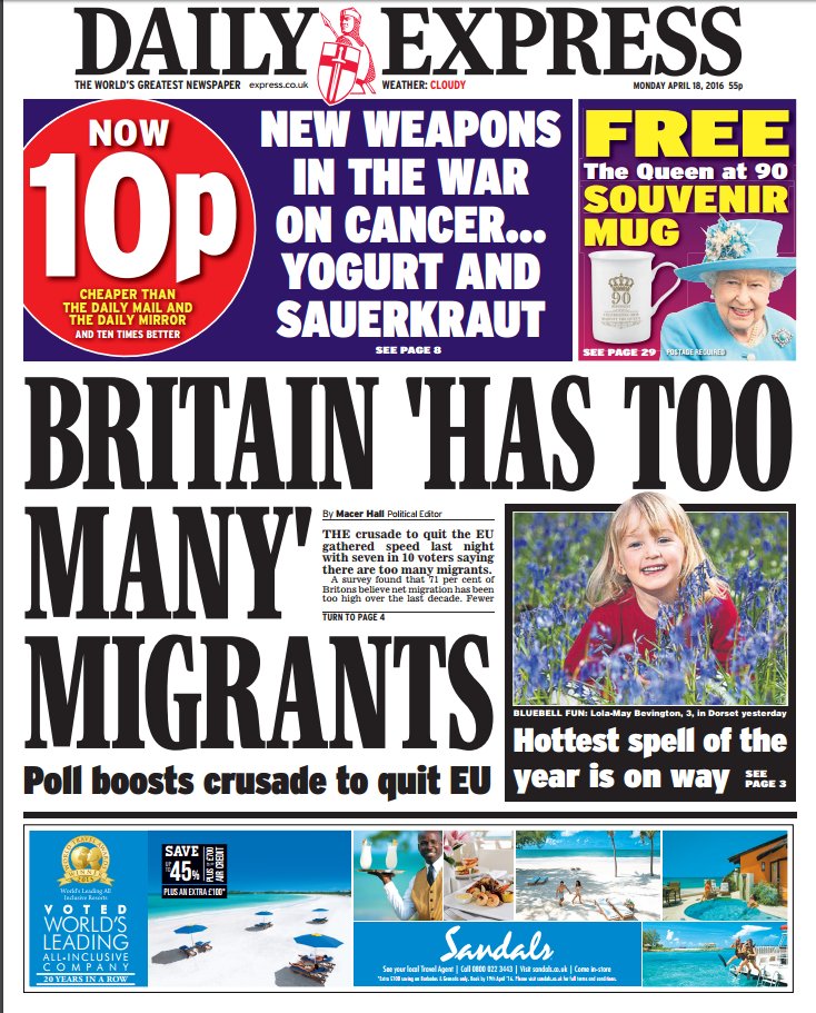 The daily express front page "britain 'has too many' migrants 