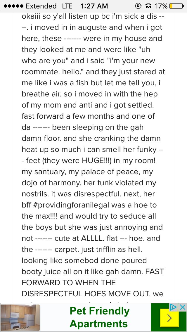 SaverTheJay's tweet photo. So I was looking at apartments in Murfreesboro, Tn when I came across this very helpful review ๐๐ #Helpfulreview https://t.co/2ht04hyud6