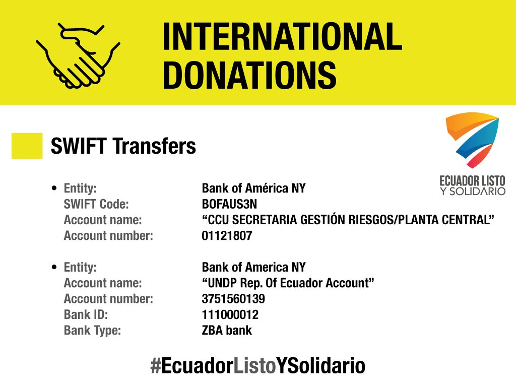 EcuadorMAE's tweet photo. [DONACIONES INTERNACIONALES] Para aportes desde el exterior #EcuadorListoYSolidario https://t.co/U8nNqEKSNq