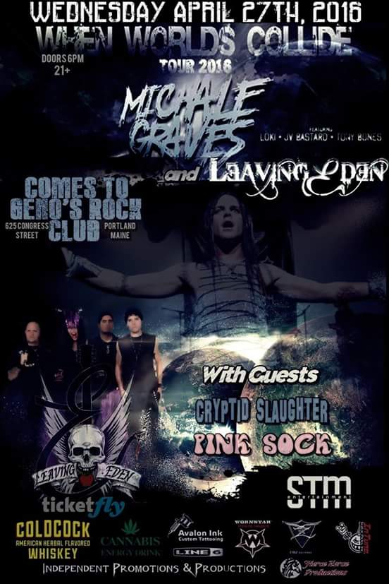 indipromo's tweet image. Apr27 @GenosRockClub #PortlandME @MichaleGraves @Leavingeden #cryptd #pinksock #Concert #Rt