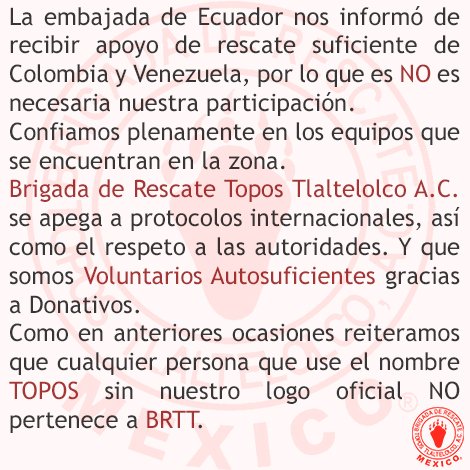 topos's tweet photo. Brigada de Rescate Topos Tlaltelolco A.C. no irá a Ecuador. Nuestras condolencias al pueblo ecuatoriano. Leer imagen https://t.co/rLEC4hLANR
