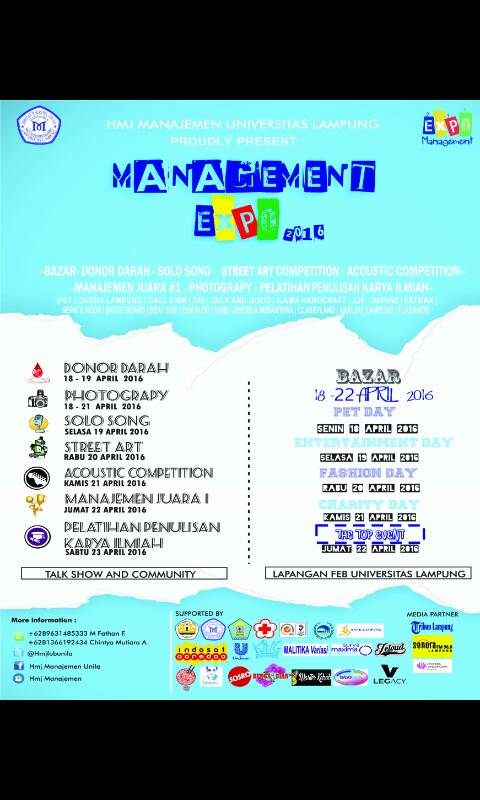 HMJ Management Unila Proudly Present 
Management Expo 2016
Supported by 96 Sonora Lampung #morethanjusthits