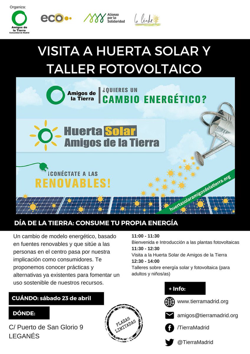 #AgendaSolar 23 abril: En el #DíadelaTierra, visitamos la  #HuertaSolar de Ecooo y <a href="/AmigosTierraEsp/">Amigas de la Tierra</a>! Vente de ruta!