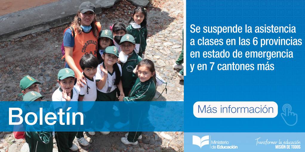 Educacion_Ec's tweet image. [BOLETÍN] Conoce los cantones y 10 IE donde se extiende suspensión de actividades educativas➡bit.ly/20OAJHc