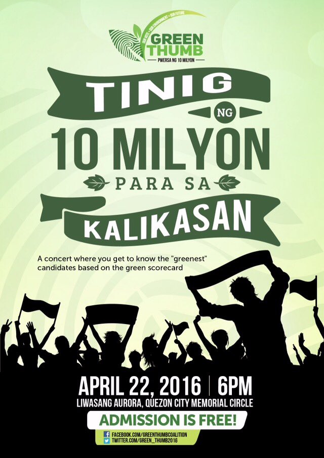 Green Thumb Coalition (@green_thumb2016) on Twitter photo You're invited! Tinig ng 10 Milyon Concert at QC Circle - 4/22 <a href="/Green_Thumb2016/">Green Thumb Coalition</a> <a href="/gpph/">Greenpeace Philippines</a> <a href="/atm_philippines/">Alyansa Tigil Mina #IpamanaHuwagIpamina</a> @350EastAsia You're invited! Tinig ng 10 Milyon Concert at QC Circle - 4/22 <a href="/Green_Thumb2016/">Green Thumb Coalition</a> <a href="/gpph/">Greenpeace Philippines</a> <a href="/atm_philippines/">Alyansa Tigil Mina #IpamanaHuwagIpamina</a> @350EastAsia