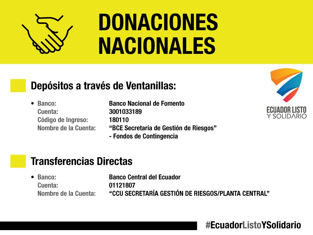 elnoticierotc's tweet photo. ¿Cómo hacer sus donaciones nacionales? Por un #EcuadorListoYSolidario. https://t.co/KV5xFTs3ox