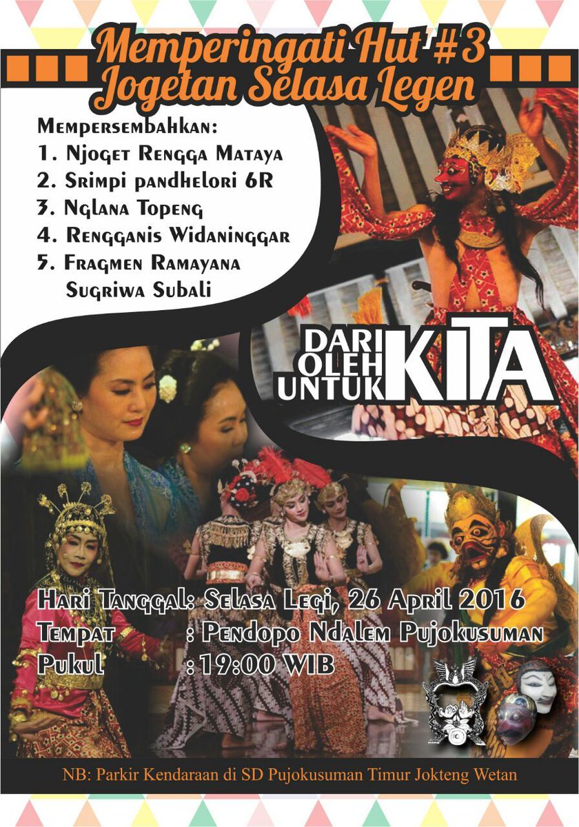 YPBSM_Pujo's tweet photo. HUT ke-3 Selasa Legen | Selasa,26/04/2016 | 19.00 WIB | nDalem Pujokusuman | GRATIS @dimasdiajeng @dimjengsleman https://t.co/z6r1T1cojD