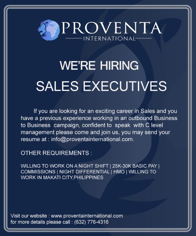 proventaintl's tweet photo. We are HIRING! #philippines #manila #makati #events #APACteam https://t.co/9QKlxg3nuN