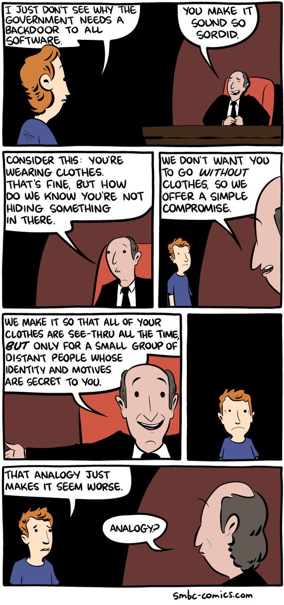 mikko's tweet image. The explanation for the need of backdoors. smbc-comics.com/index.php?id=4… By Saturday Morning Breakast Cereal.