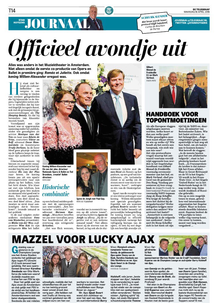 "Handboek voor #topontmoetingen", "Mazzel voor #LuckyAjax" en "Officieel avondje uit", <a href="/telegraaf/">De Telegraaf</a> <a href="/stanhuygens/">Stan Huygens Journaal</a>