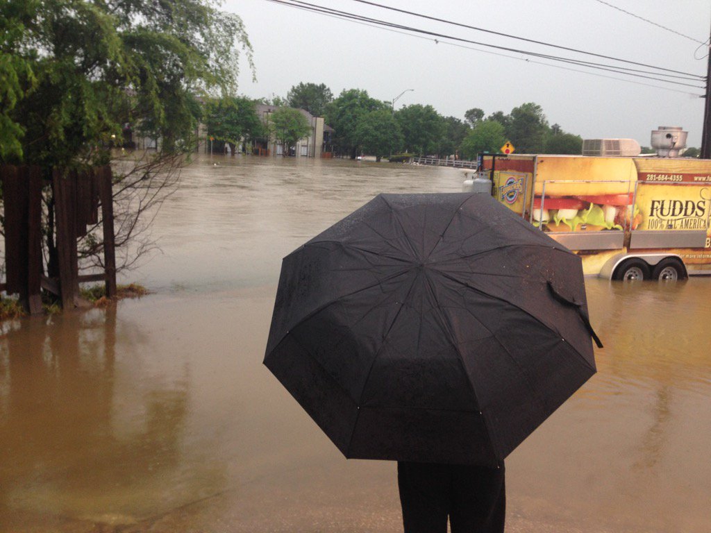 Greens Bayou overflowing at Greens Road. HFD has rescued people from flooded apartments. #KHOU11 #houstonweather